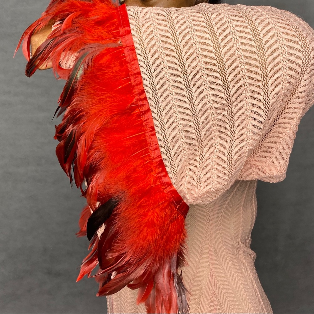 One of kind party dress w feathered sleeves